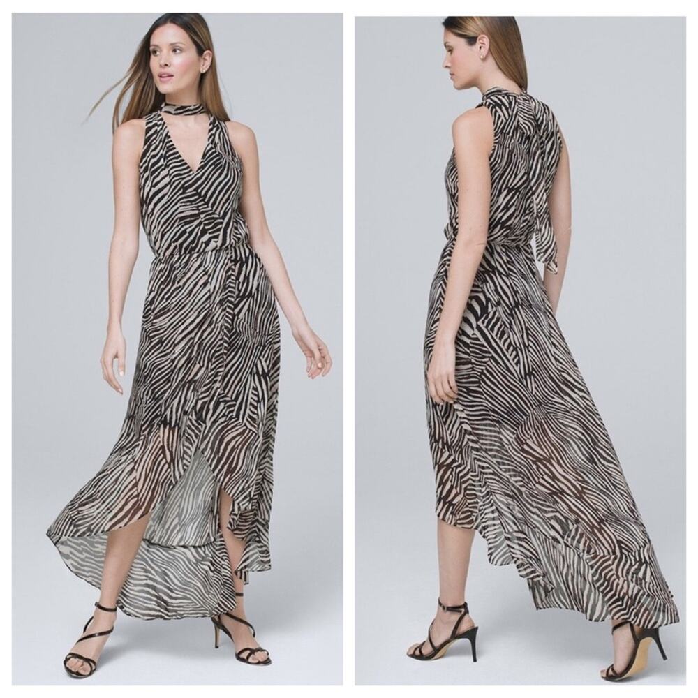WHBM Abstract Zebra Print Black and Ecru High Low Maxi Dress - Size 8